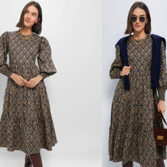 Tuckernuck Hyacinth House Anja Floral Midi Dress Navy & Tan Size M NEW with Tags - Picture 1 of 1